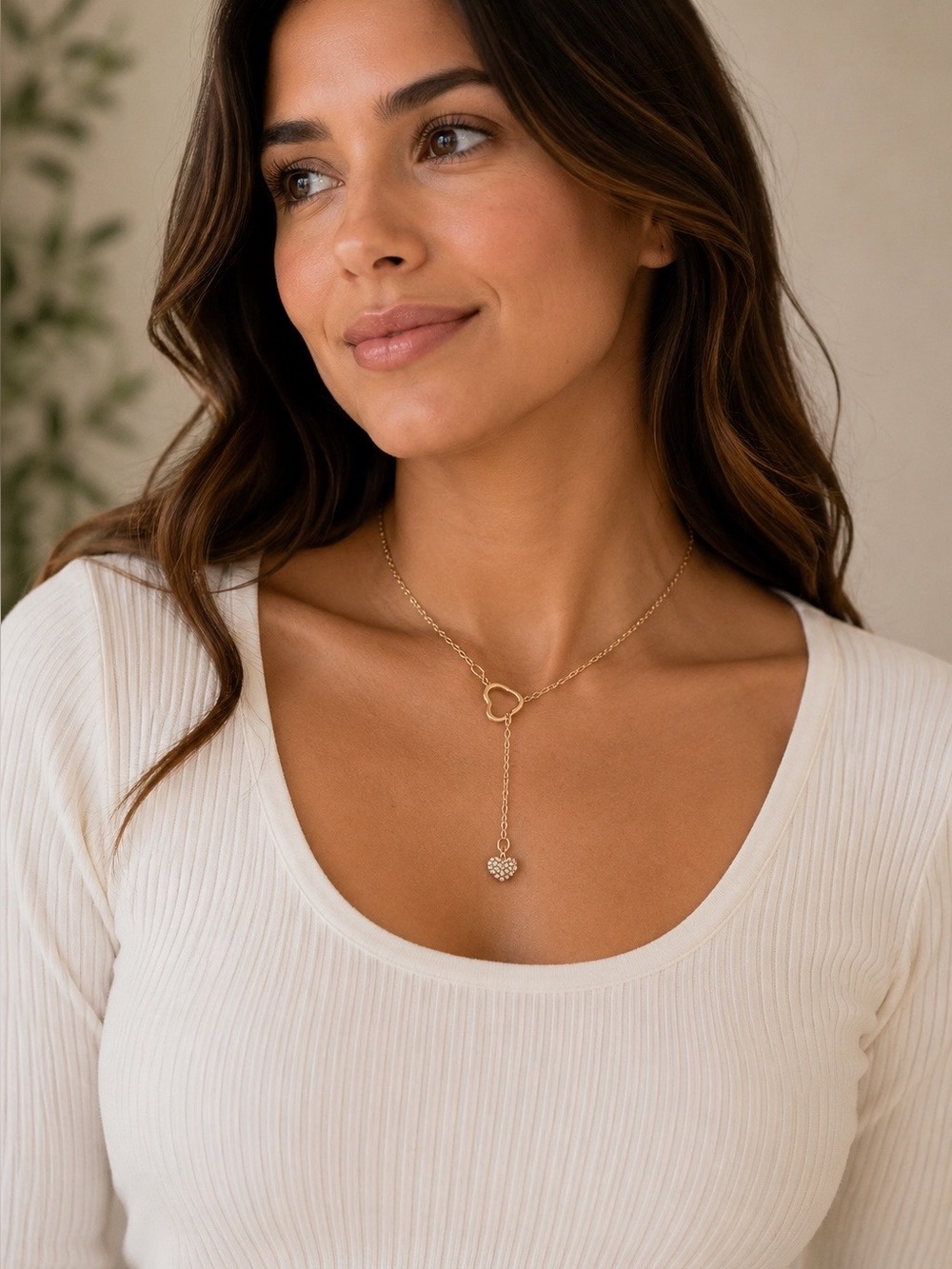 Elegant Long Drop Y-Shape Crystal Sparkly Heart Goldtone Necklace Prom Wedding